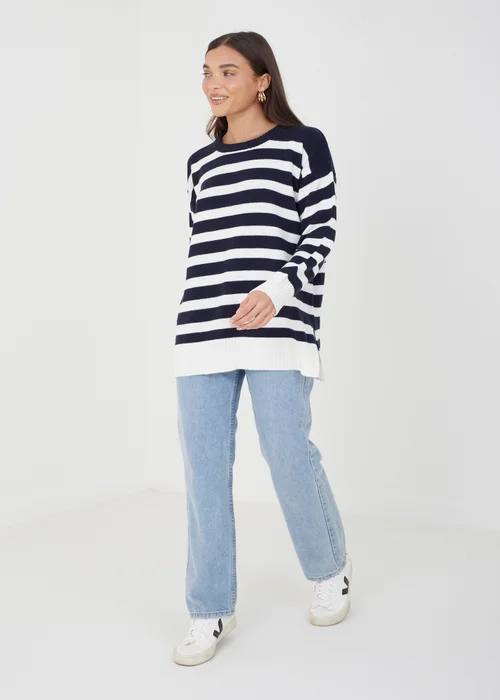 Brave Soul Navy Greyson Fine Stripe Oversized Knitted Jumper - Extra small Image 3