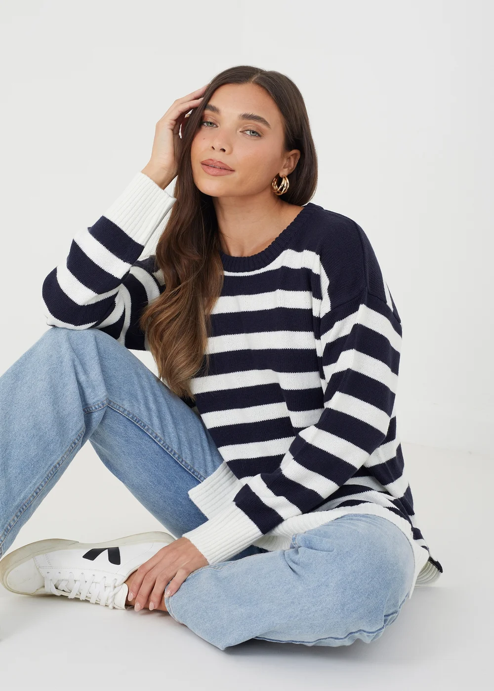 Brave Soul Navy Greyson Fine Stripe Oversized Knitted Jumper - Extra small Image 1