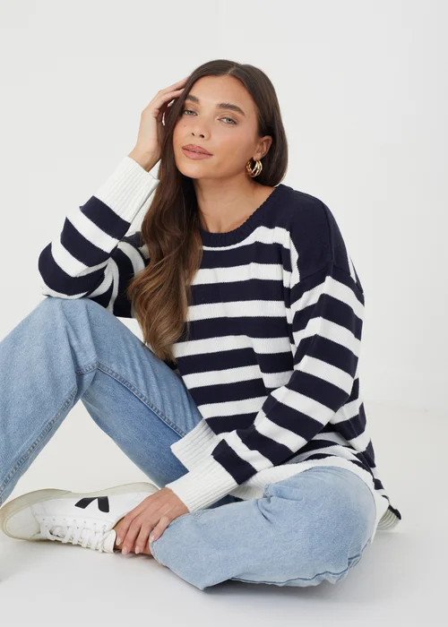 Brave Soul Navy Greyson Fine Stripe Oversized Knitted Jumper - Extra small Image 1