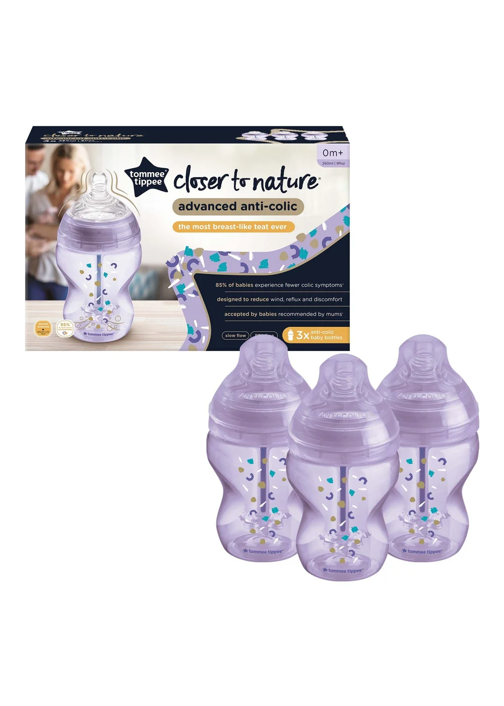 Tommee Tippee Purple AAC 3-Pack Bottles (260ml) - One Size Image 2