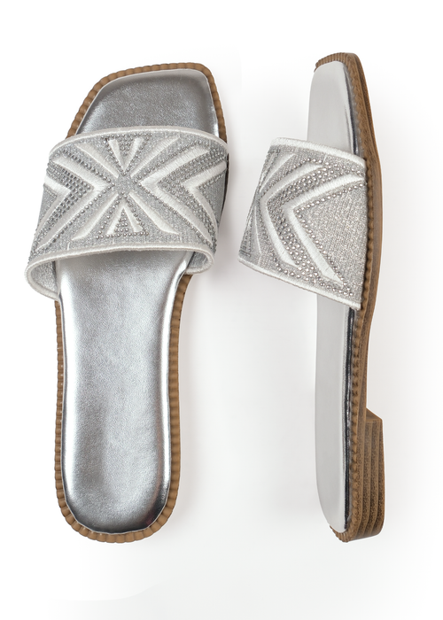 Where's That From Silver Metallic Blossom Single Band Flat Sandals - 3 Image 3
