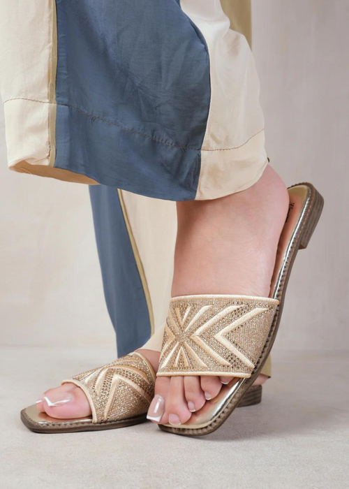 Where's That From Gold Metallic Blossom Single Band Flat Sandals - 3 Image 2