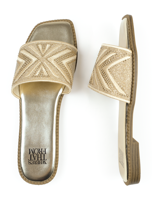 Where's That From Gold Metallic Blossom Single Band Flat Sandals - 3 Image 3