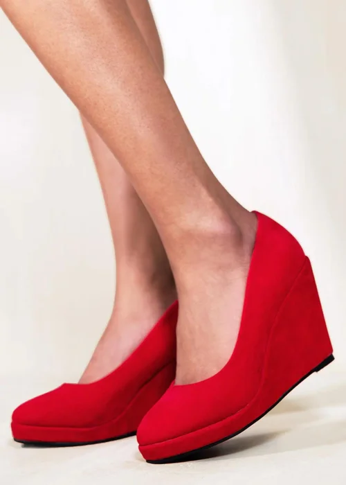 Where's That From Red Faux Suede Luisa Platform Wedge Court Shoes - 4 Image 2