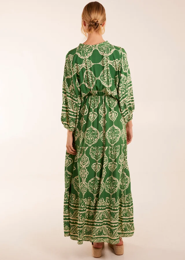 Blue Vanilla Green Abstract V-Neck Tiered Maxi Dress