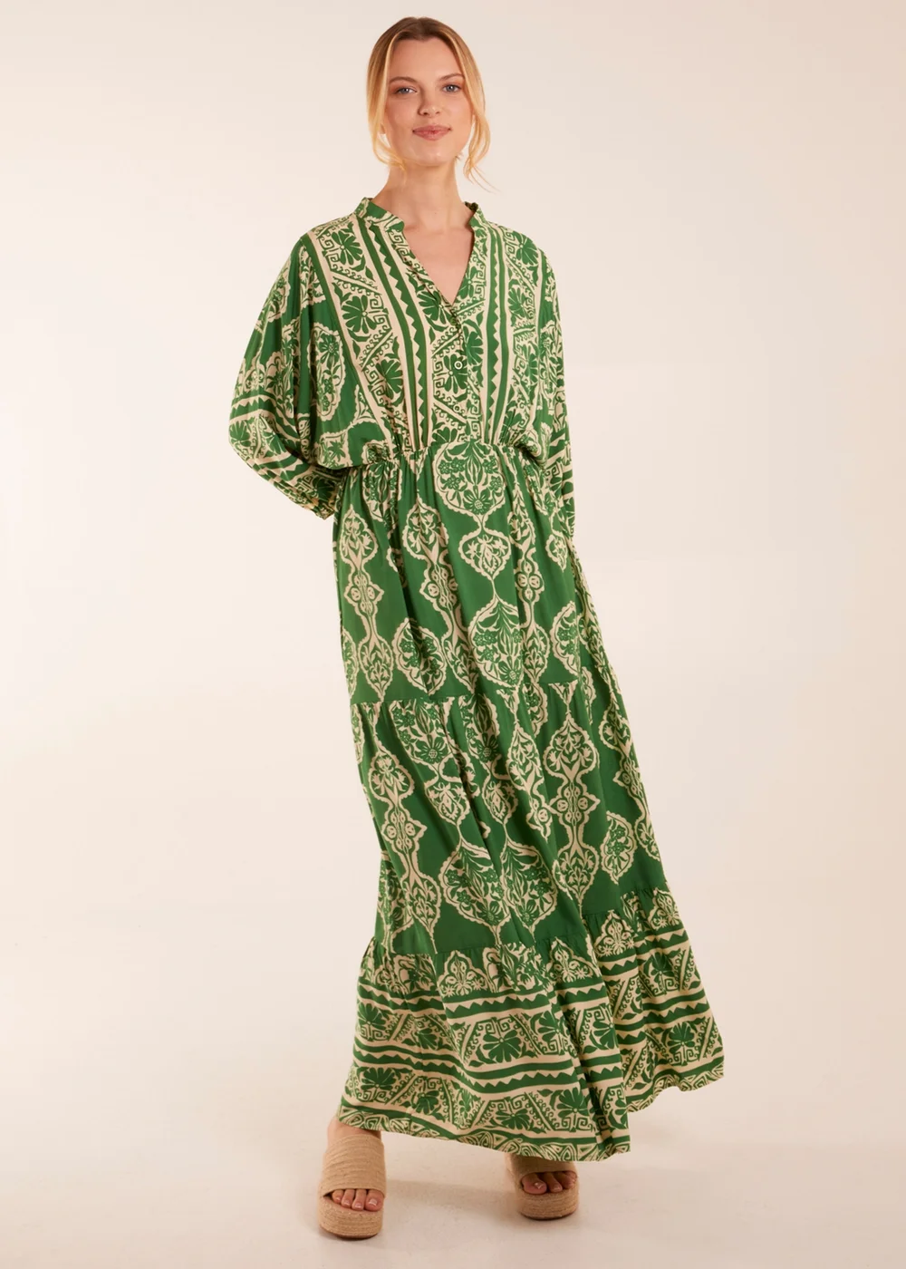 Blue Vanilla Green Abstract V-Neck Tiered Maxi Dress - M Image 1