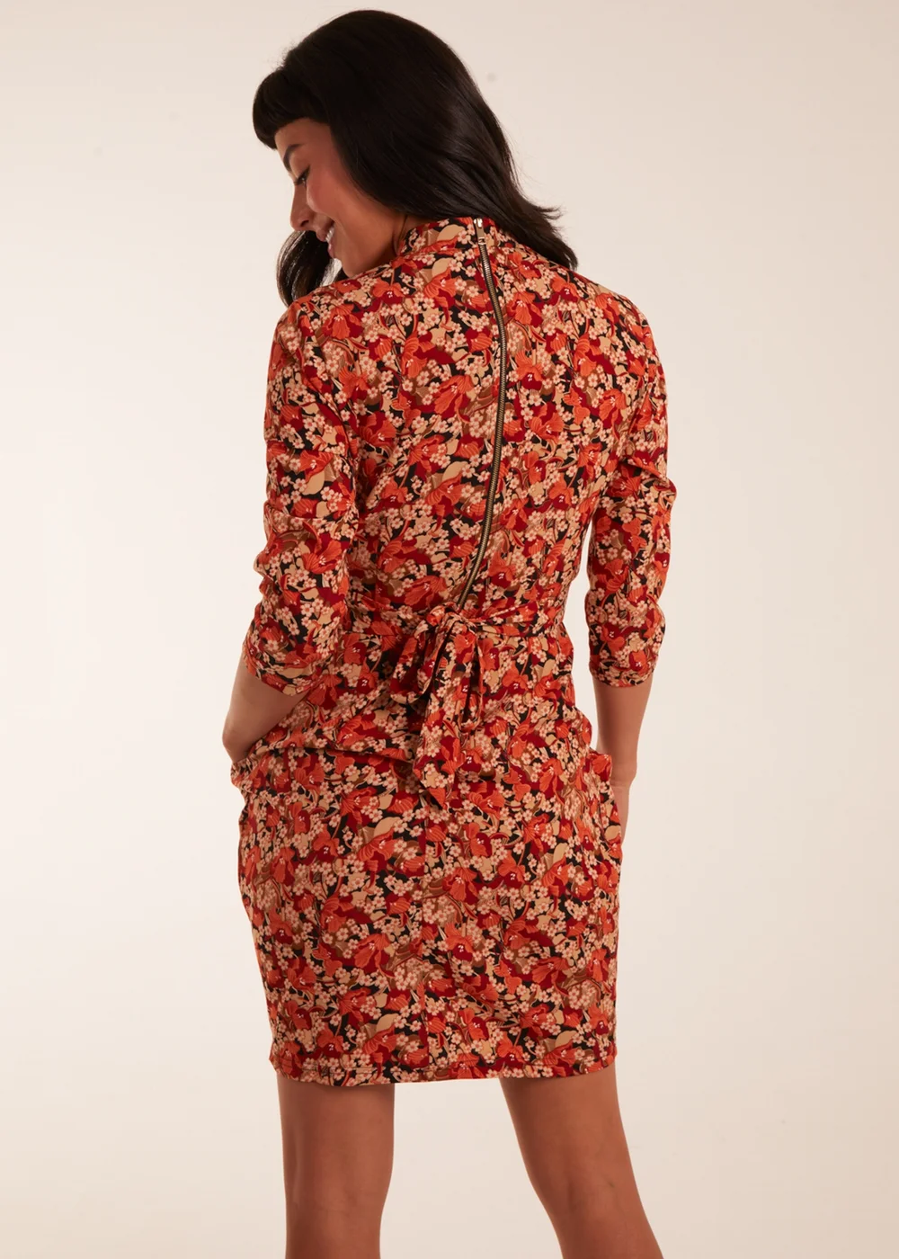 Blue Vanilla Rust High Neck 3/4 Sleeve Dress With Belt - 8 Image 2