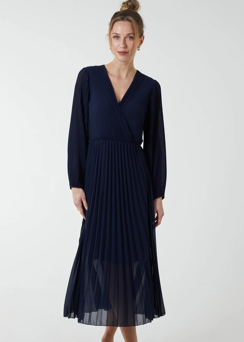 Blue Vanilla Navy Pleated V-Neck Dress - S/M Image 1