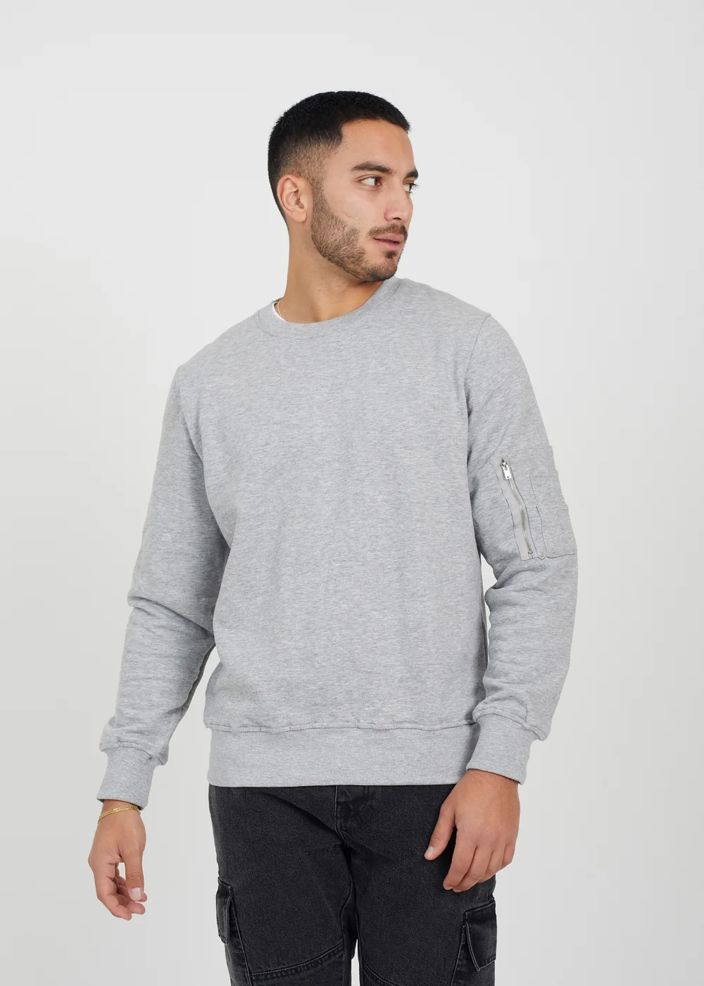 Brave Soul Light Grey Zip Pocket Sleeve Detail Sweatshirt - S Image 1
