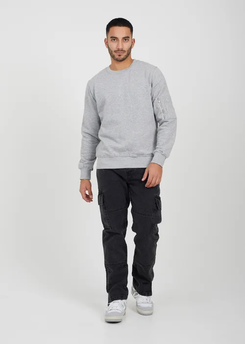 Brave Soul Light Grey Zip Pocket Sleeve Detail Sweatshirt - S Image 4
