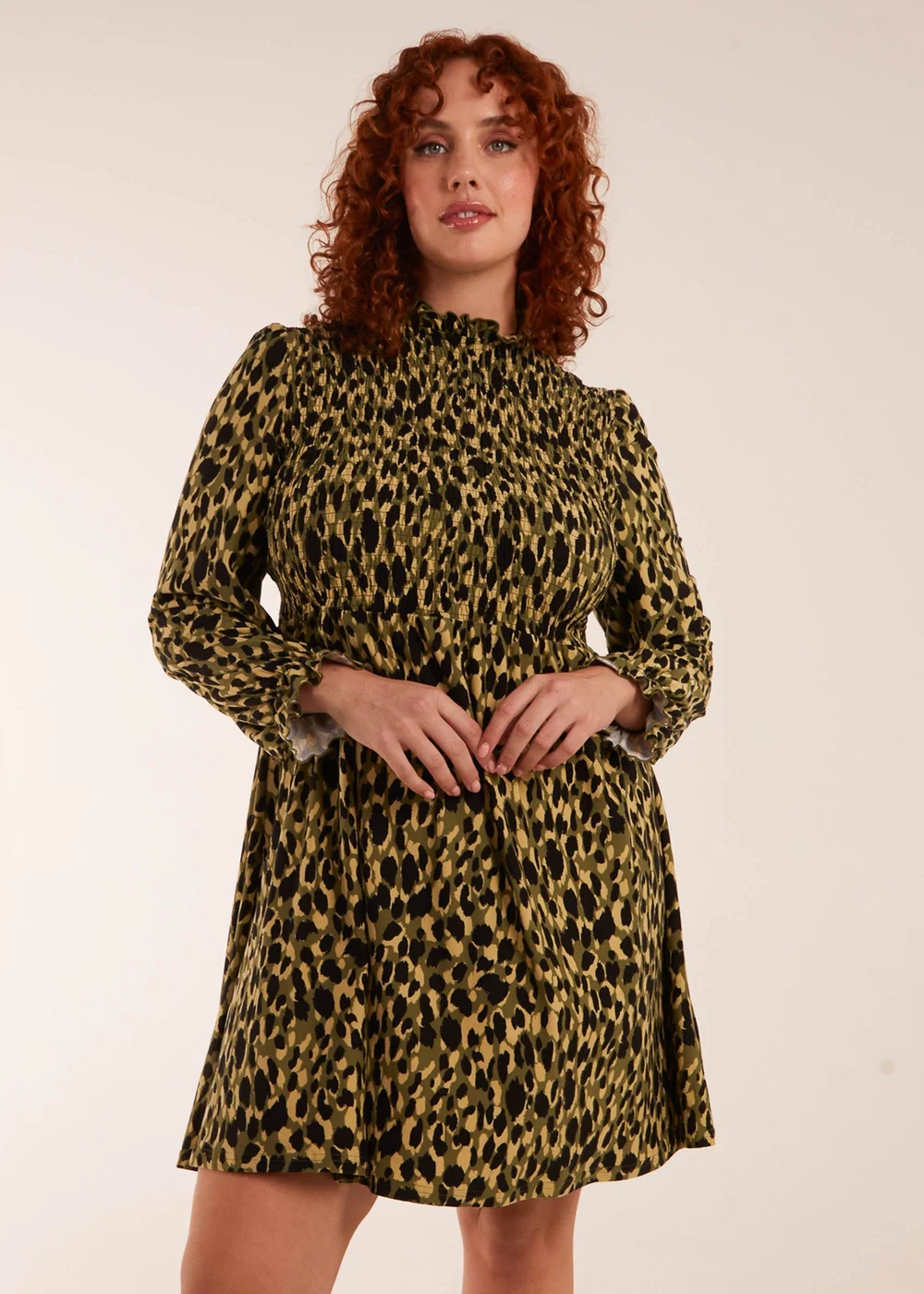 Blue Vanilla Green Curve Leopard Print Shirred Trapeze Mini Dress - 18 Image 1