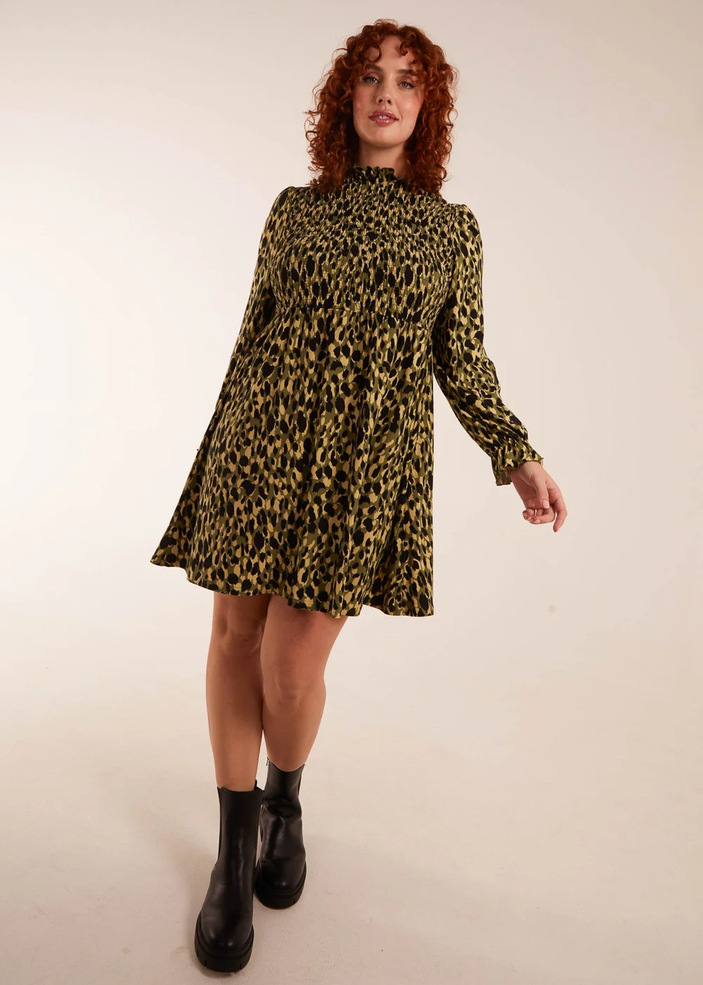 Blue Vanilla Green Curve Leopard Print Shirred Trapeze Mini Dress - 18 Image 4
