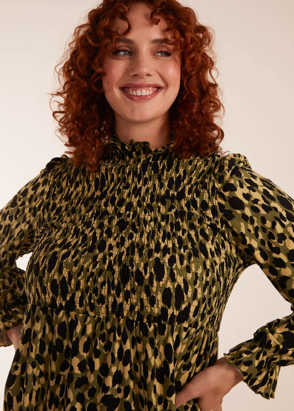 Blue Vanilla Green Curve Leopard Print Shirred Trapeze Mini Dress - 18 Image 3