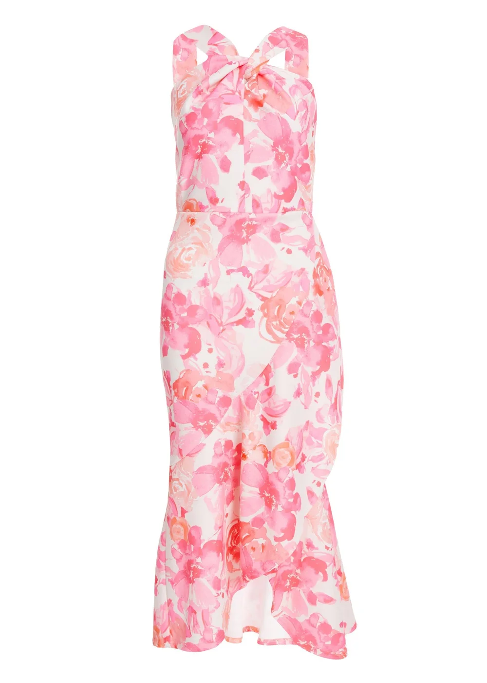 Quiz Pink Floral Print Frill Halter Neck Midi Dress - 8 Image 4