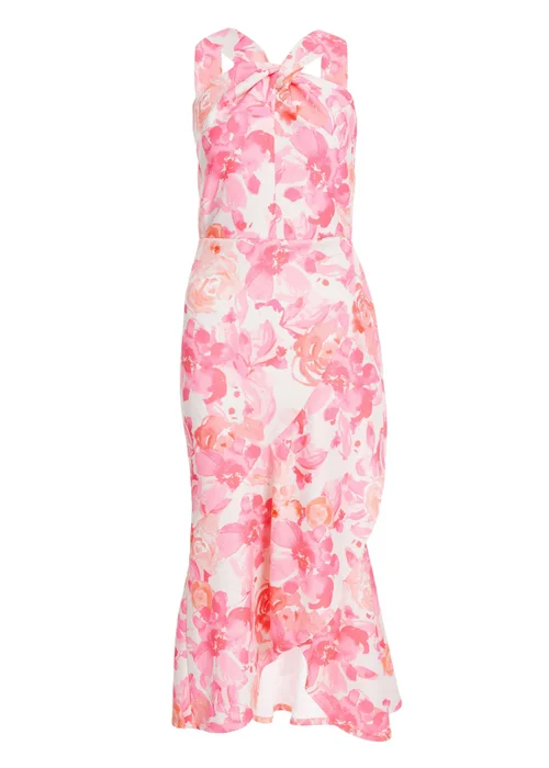 Quiz Pink Floral Print Frill Halter Neck Midi Dress - 8 Image 4