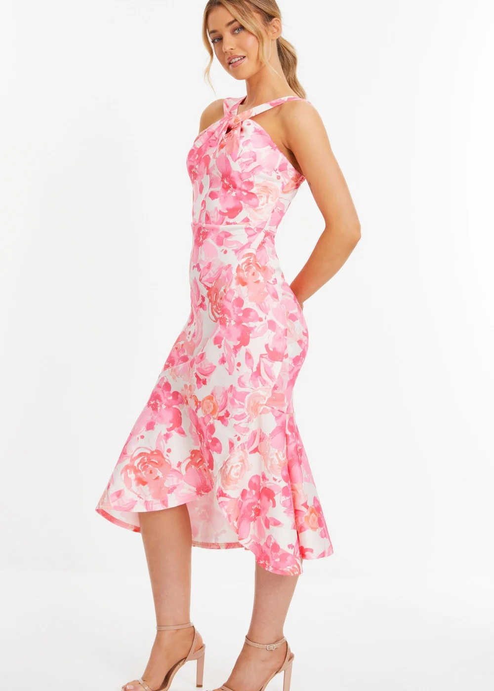 Quiz Pink Floral Print Frill Halter Neck Midi Dress - 8 Image 3