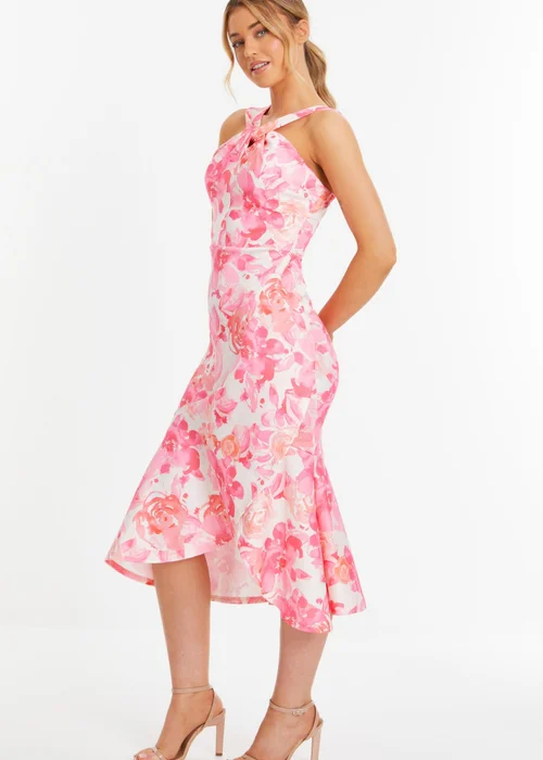 Quiz Pink Floral Print Frill Halter Neck Midi Dress - 8 Image 3