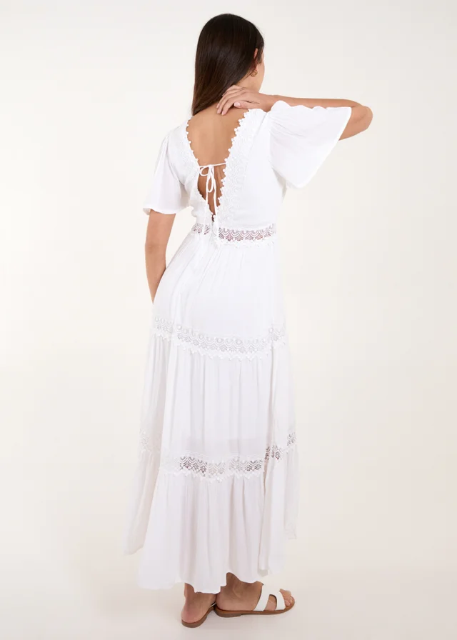 Blue Vanilla White Crochet Detailing Angel Sleeve Tiered Maxi Dress