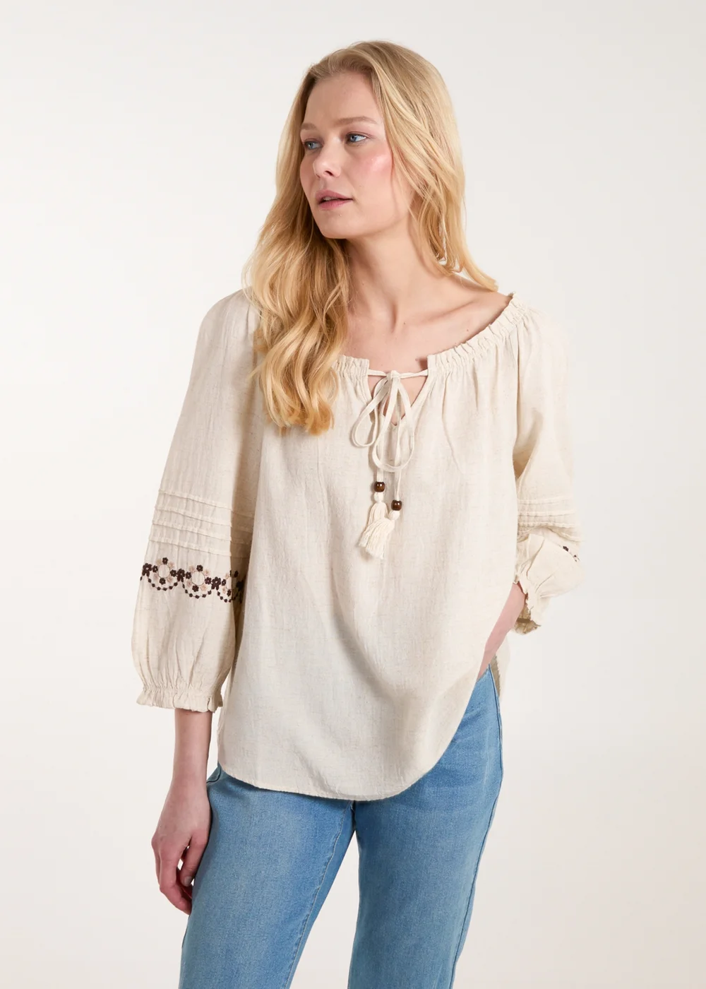 Blue Vanilla Stone Embroidered Pleat Sleeve Top - Small Image 1