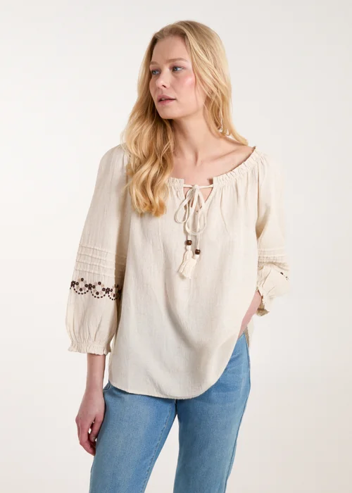 Blue Vanilla Stone Embroidered Pleat Sleeve Top - Small Image 1