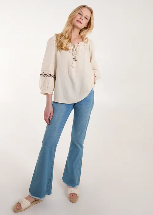 Blue Vanilla Stone Embroidered Pleat Sleeve Top - Small Image 4
