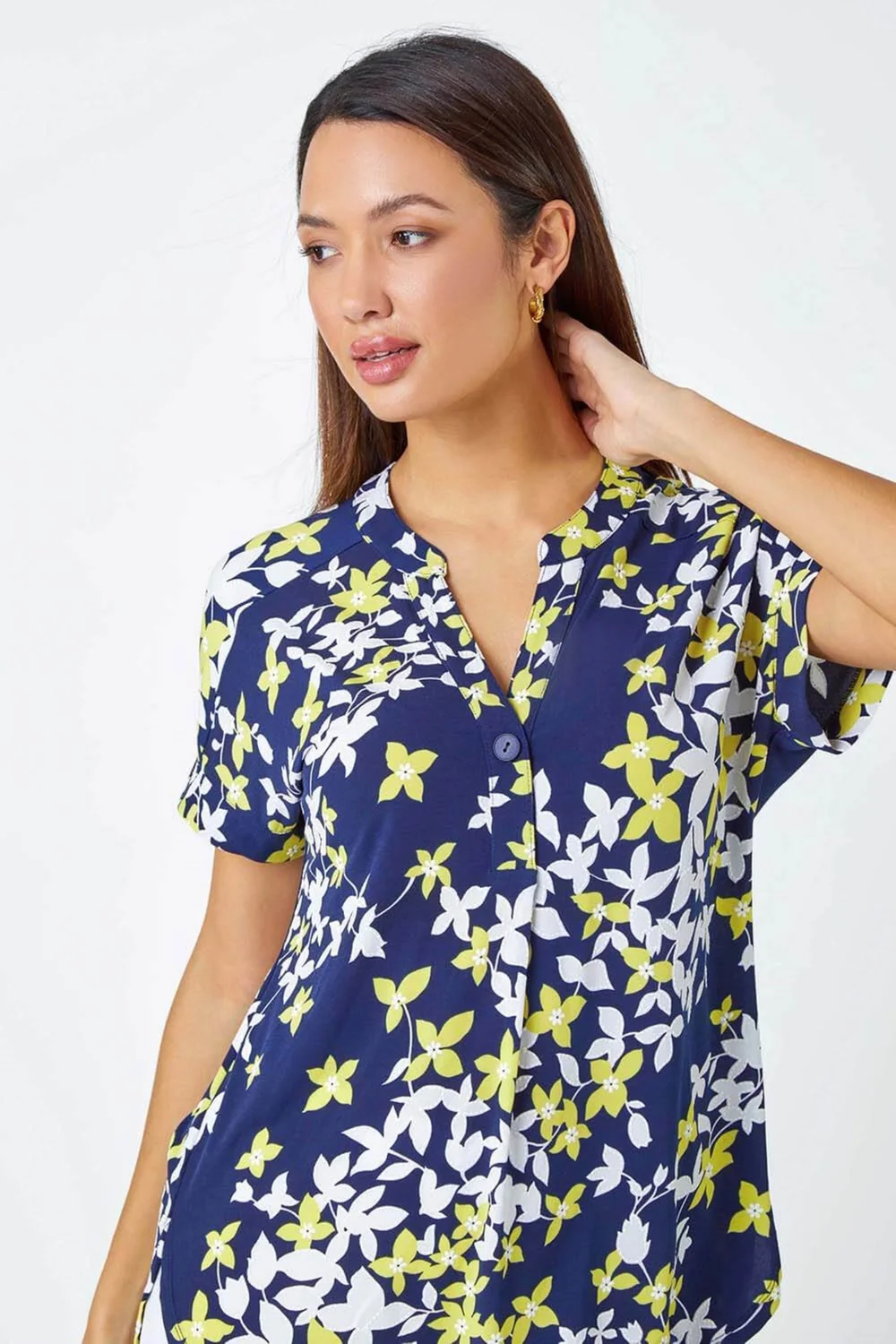 Roman Yellow Floral Puff Print V-Neck Pleat Front Top - 10 Image 4