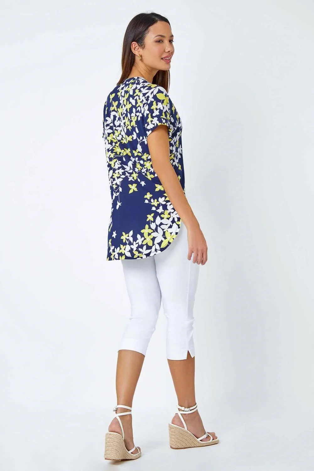 Roman Yellow Floral Puff Print V-Neck Pleat Front Top - 10 Image 3