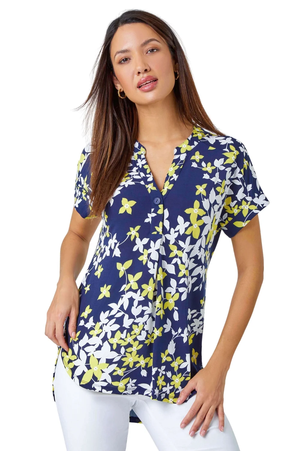 Roman Yellow Floral Puff Print V-Neck Pleat Front Top - 10 Image 1