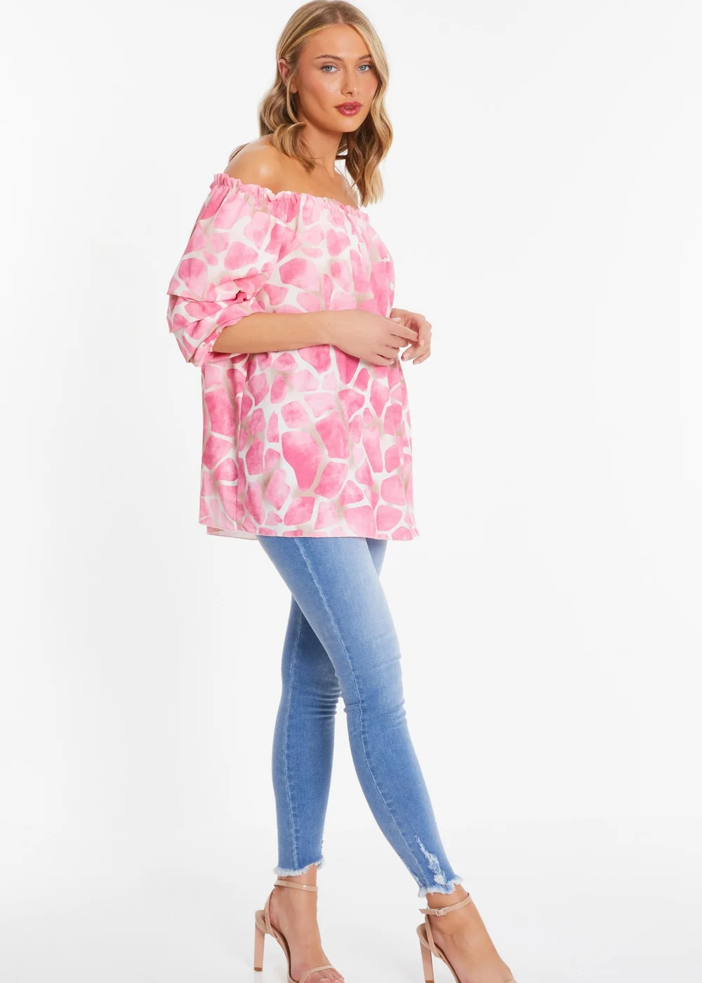 Quiz Pink Giraffe Print Bardot Top - Small Image 3