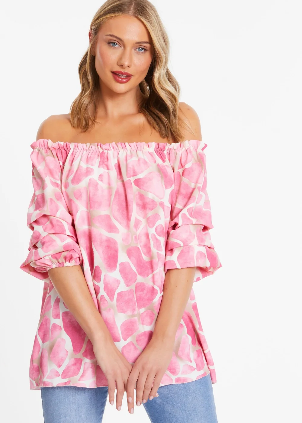 Quiz Pink Giraffe Print Bardot Top - Small Image 1