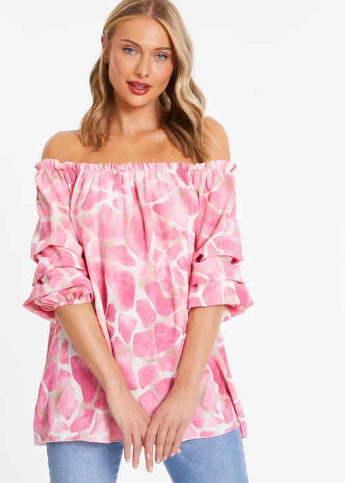 Quiz Pink Giraffe Print Bardot Top - Small Image 1