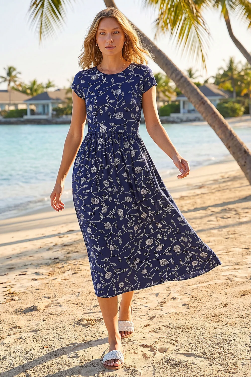 Roman Navy Floral Print Midi Stretch Dress - 10 Image 1