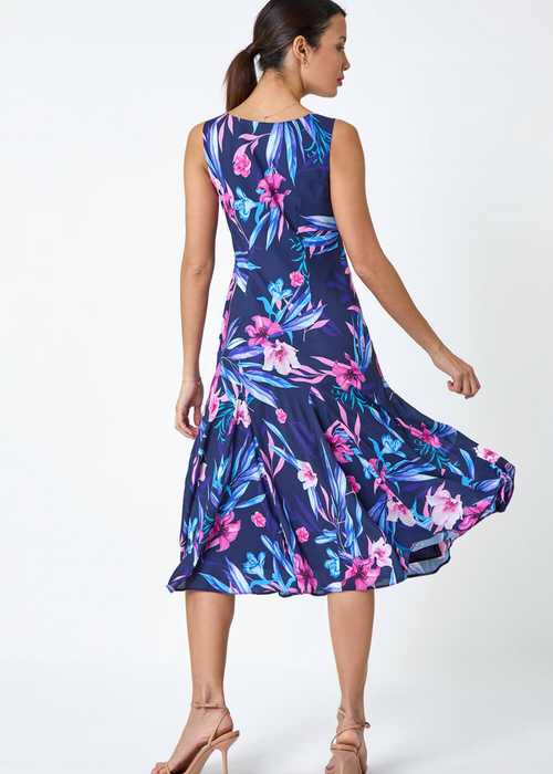 Roman Navy Sleeveless Tropical Print Bias Midi Dress - 10 Image 2