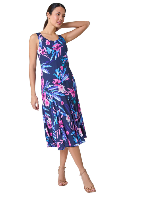 Roman Navy Sleeveless Tropical Print Bias Midi Dress - 10 Image 1