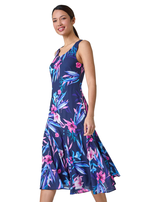 Roman Navy Sleeveless Tropical Print Bias Midi Dress - 10 Image 3