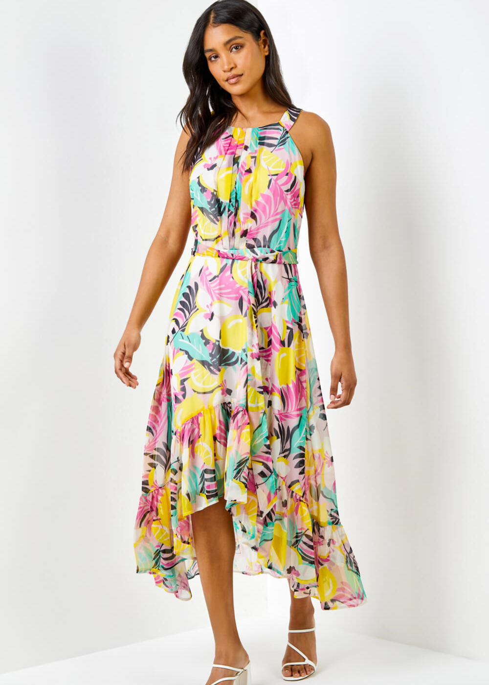 Roman Pink Tropical Print Halter Neck Chiffon Dress - 10 Image 3
