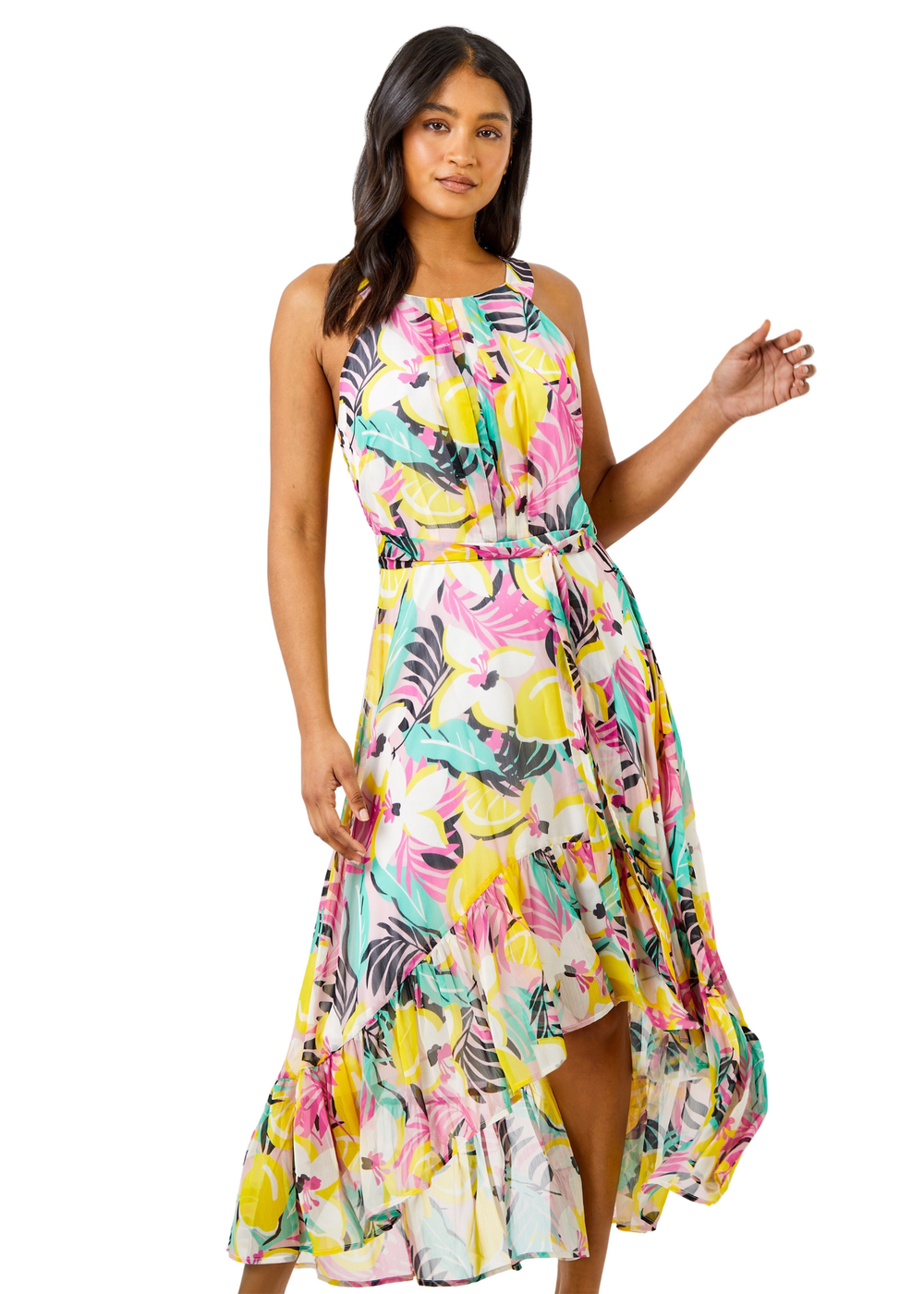 Roman Pink Tropical Print Halter Neck Chiffon Dress - 10 Image 1