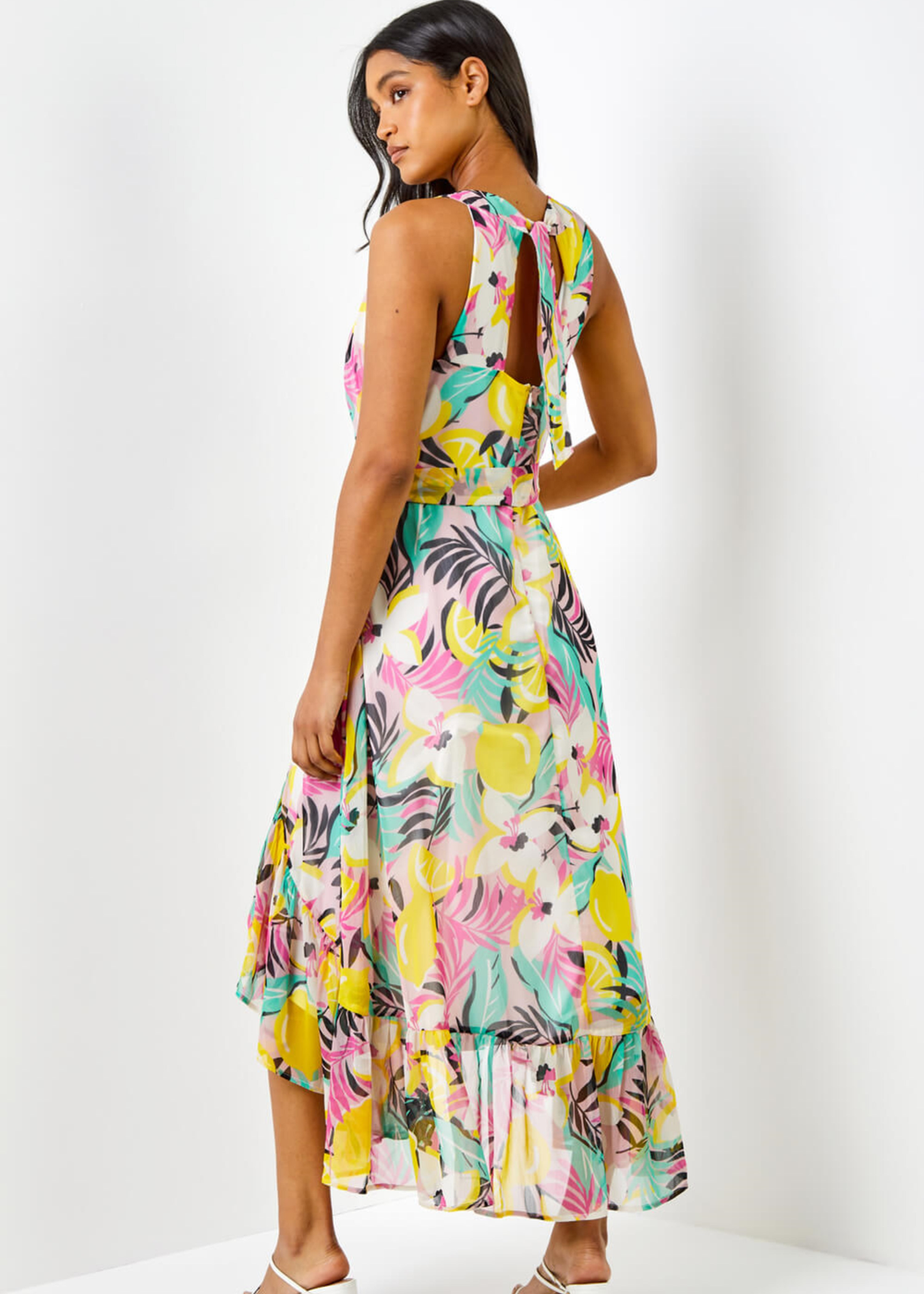 Roman Pink Tropical Print Halter Neck Chiffon Dress - 10 Image 2