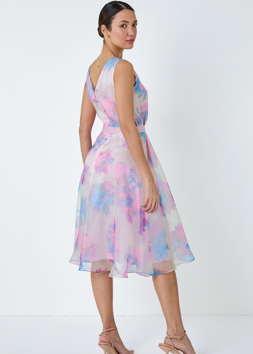 Roman Light Pink Floral Print Chiffon Organza Fit & Flare Dress - 20 Image 2