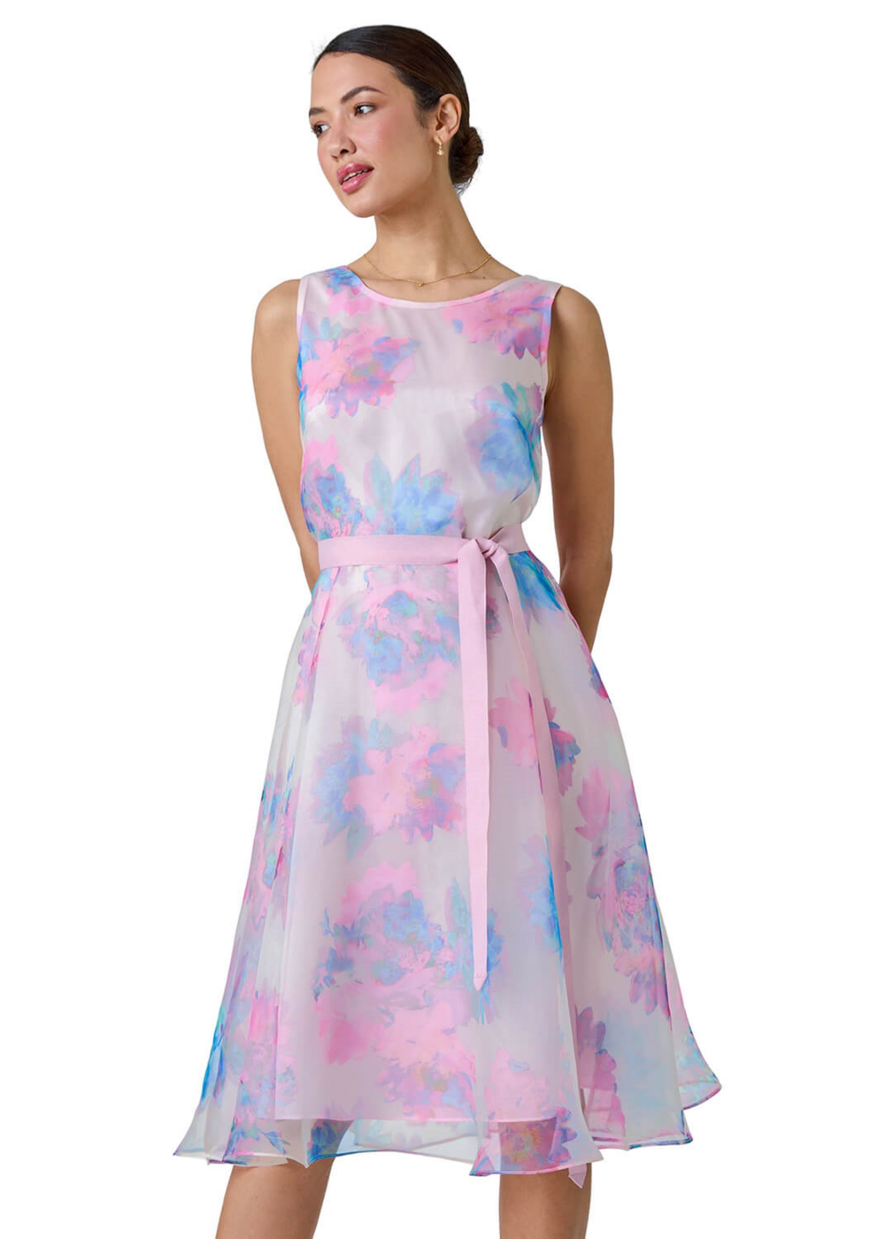 Roman Light Pink Floral Print Chiffon Organza Fit & Flare Dress - 20 Image 1