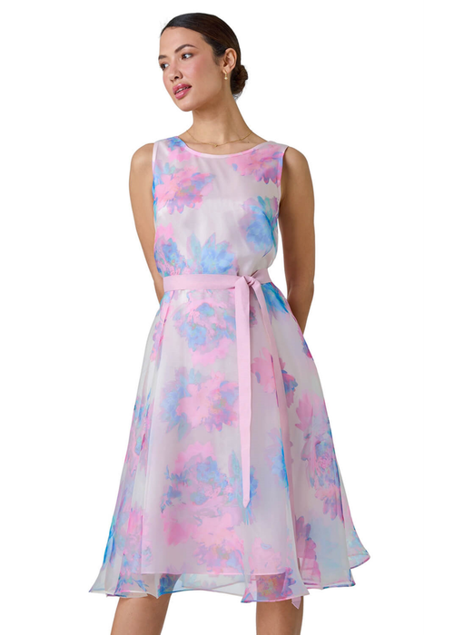 Roman Light Pink Floral Print Chiffon Organza Fit & Flare Dress - 20 Image 1