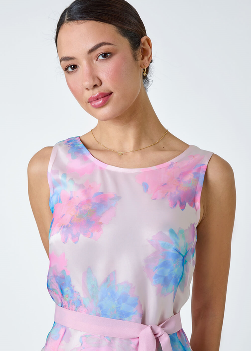 Roman Light Pink Floral Print Chiffon Organza Fit & Flare Dress - 20 Image 4