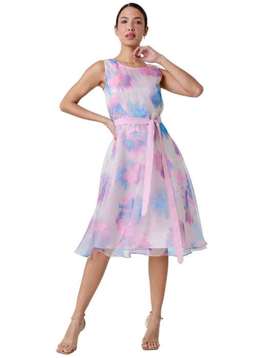Roman Light Pink Floral Print Chiffon Organza Fit & Flare Dress - 20 Image 3