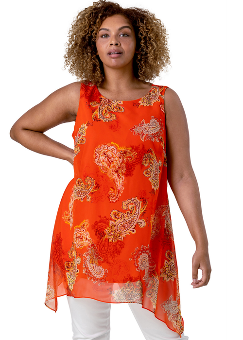Roman Orange Curve Paisley Print Chiffon Vest Top - Size 34 Image 1