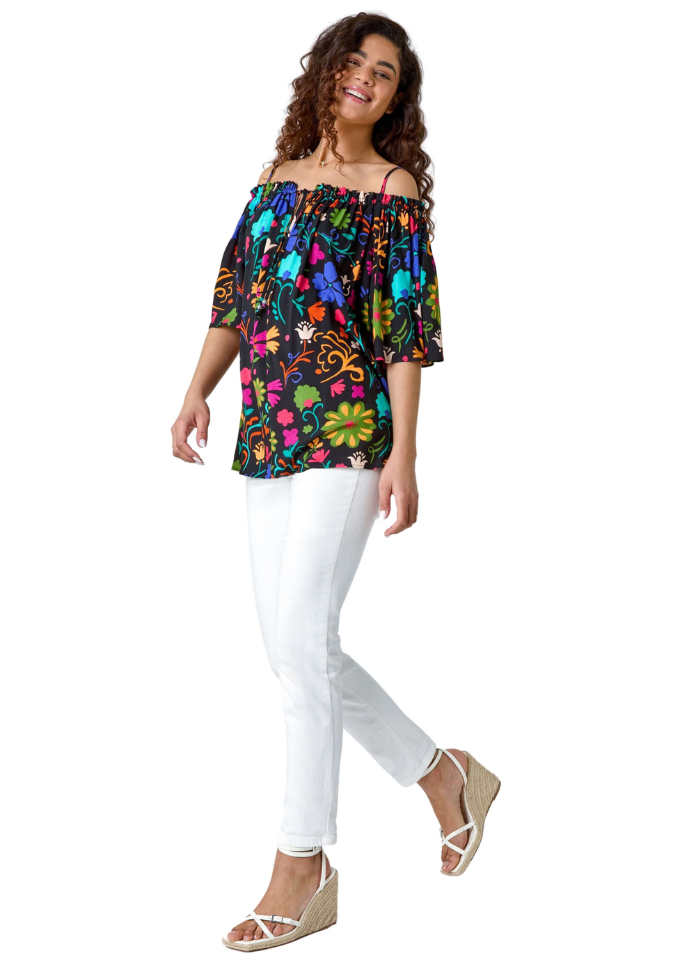 Roman Black Floral Tie Detail Bardot Top - Size 20 Image 1