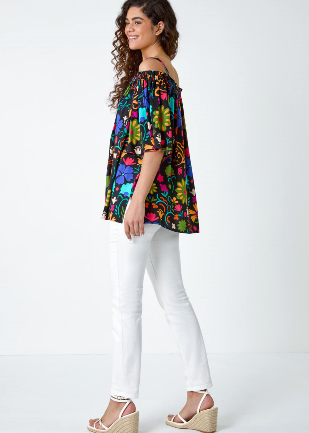 Roman Black Floral Tie Detail Bardot Top - Size 20 Image 2