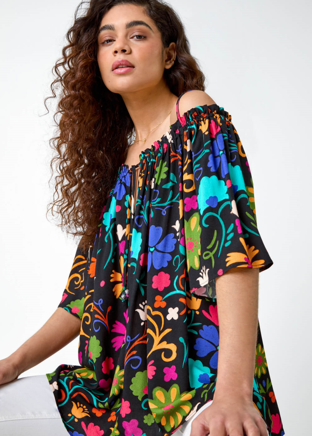 Roman Black Floral Tie Detail Bardot Top - Size 20 Image 4