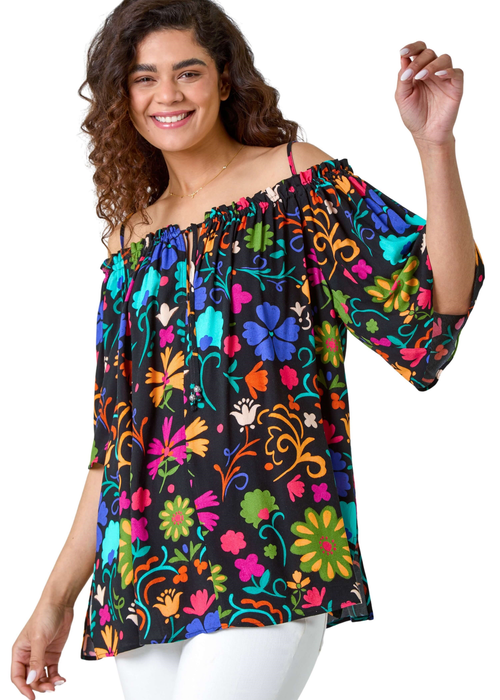 Roman Black Floral Tie Detail Bardot Top - Size 20 Image 3