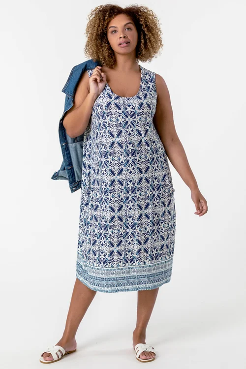 Roman Curve Blue Geo Stretch Cocoon Dress - 16 Image 2