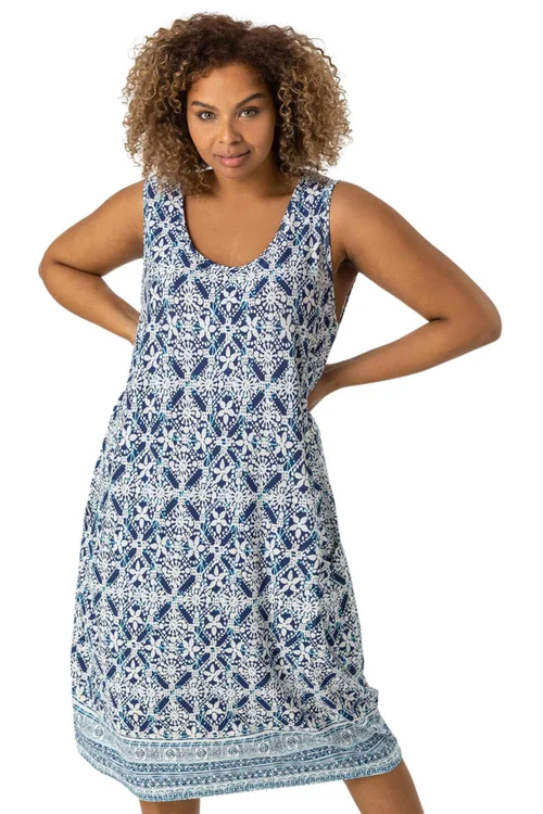 Roman Curve Blue Geo Stretch Cocoon Dress - 16 Image 1